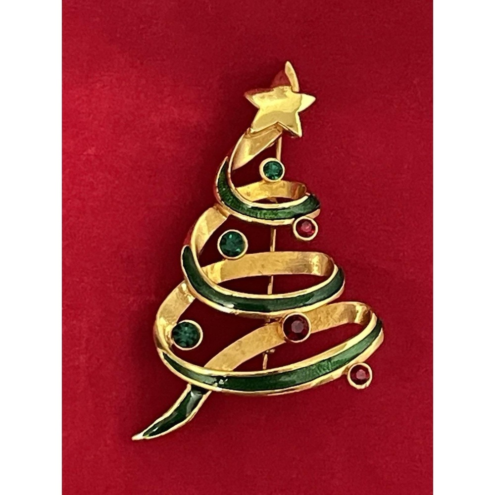 Vintage Lia Liana Jeweled Christmas Tree Brooch Curvy Whimsical Spiral